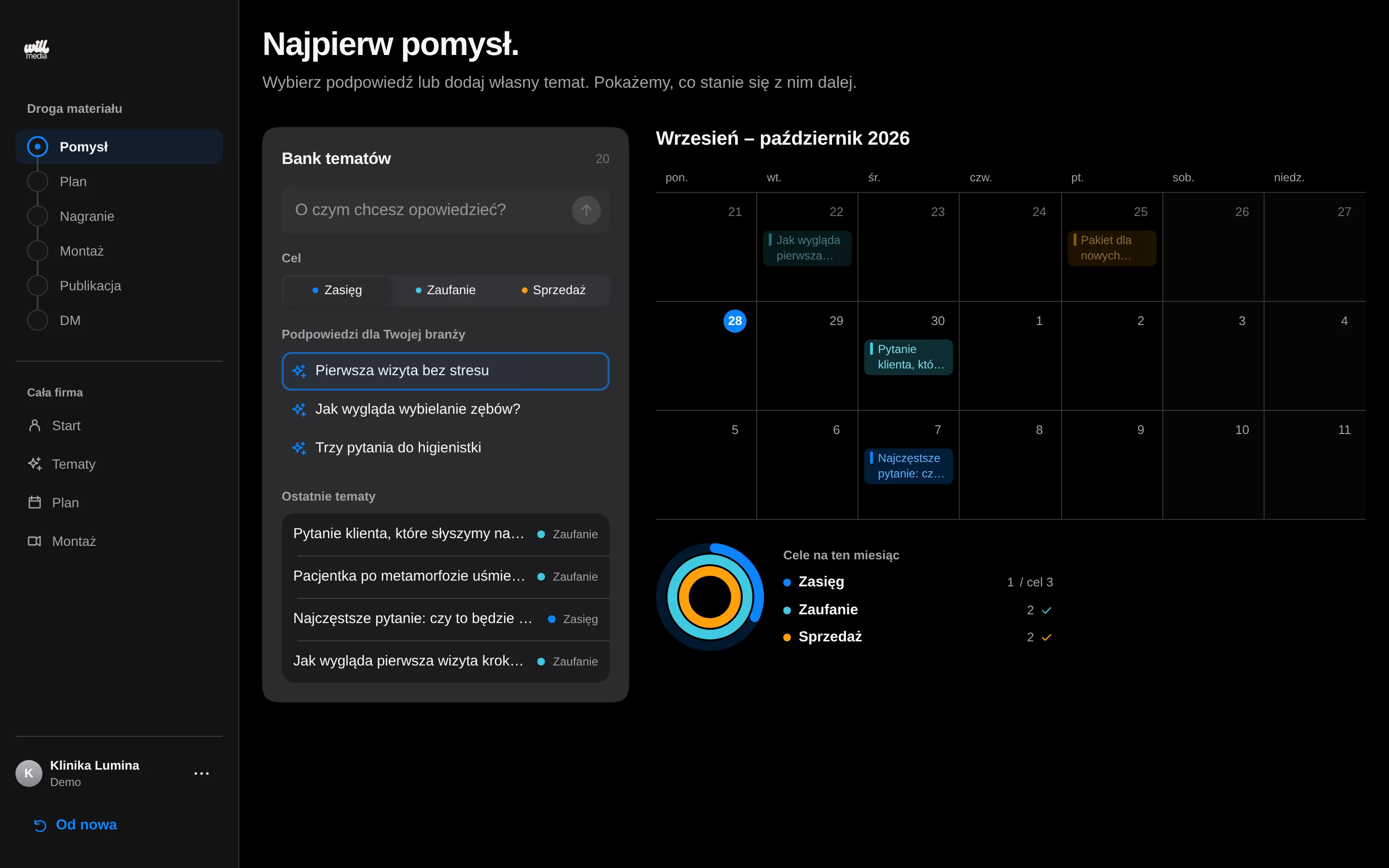 Will App: bank tematów i kalendarz miesiąca